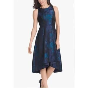 White‎ House Black Market Jacquard Dress Floral Damask Blue High Low Party 4